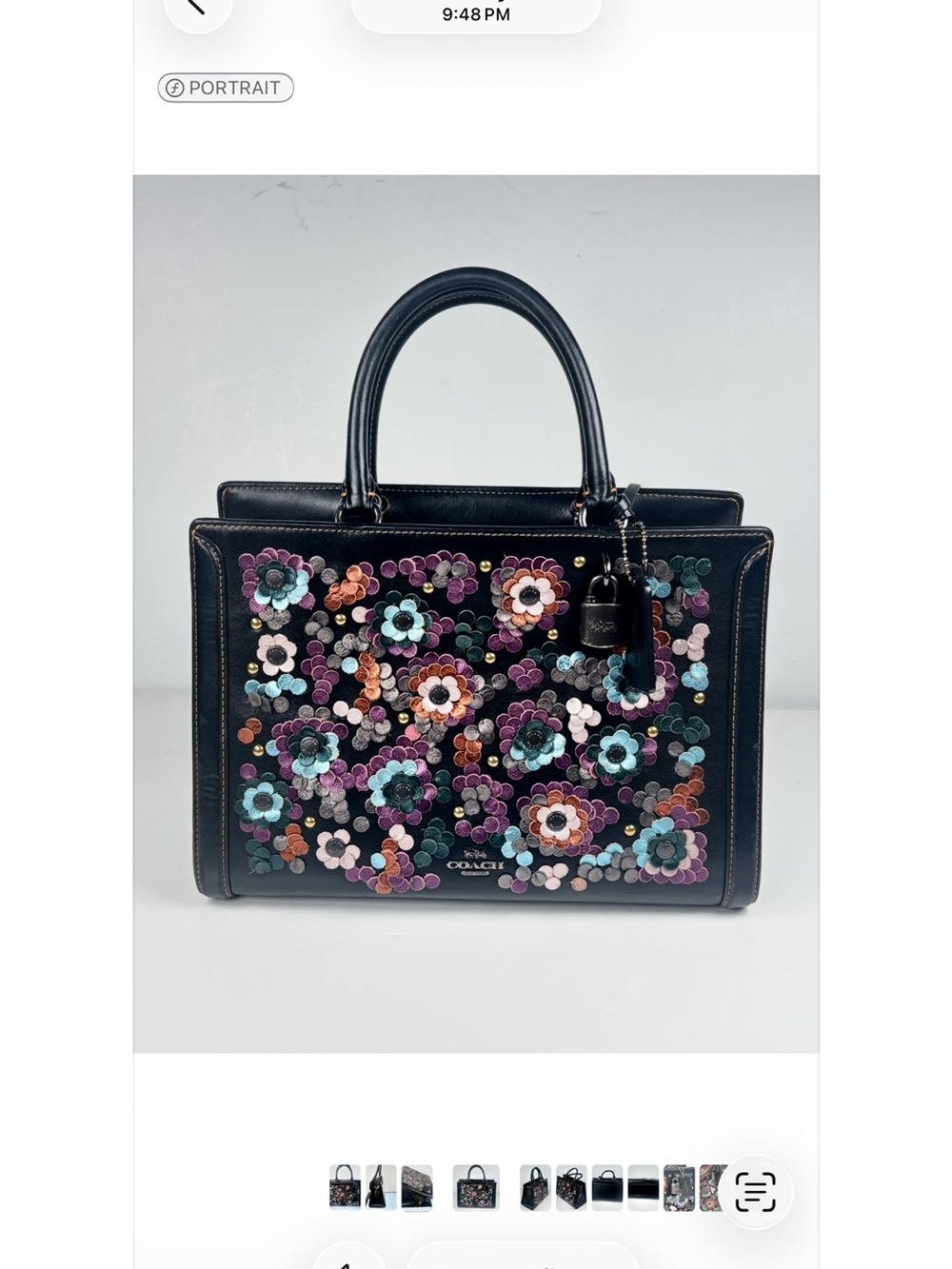 Coach Zoe Black Leather Satchel with Multicolor Floral Appliqués.